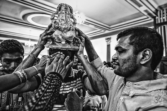 Touching Ganesh (monochrome)